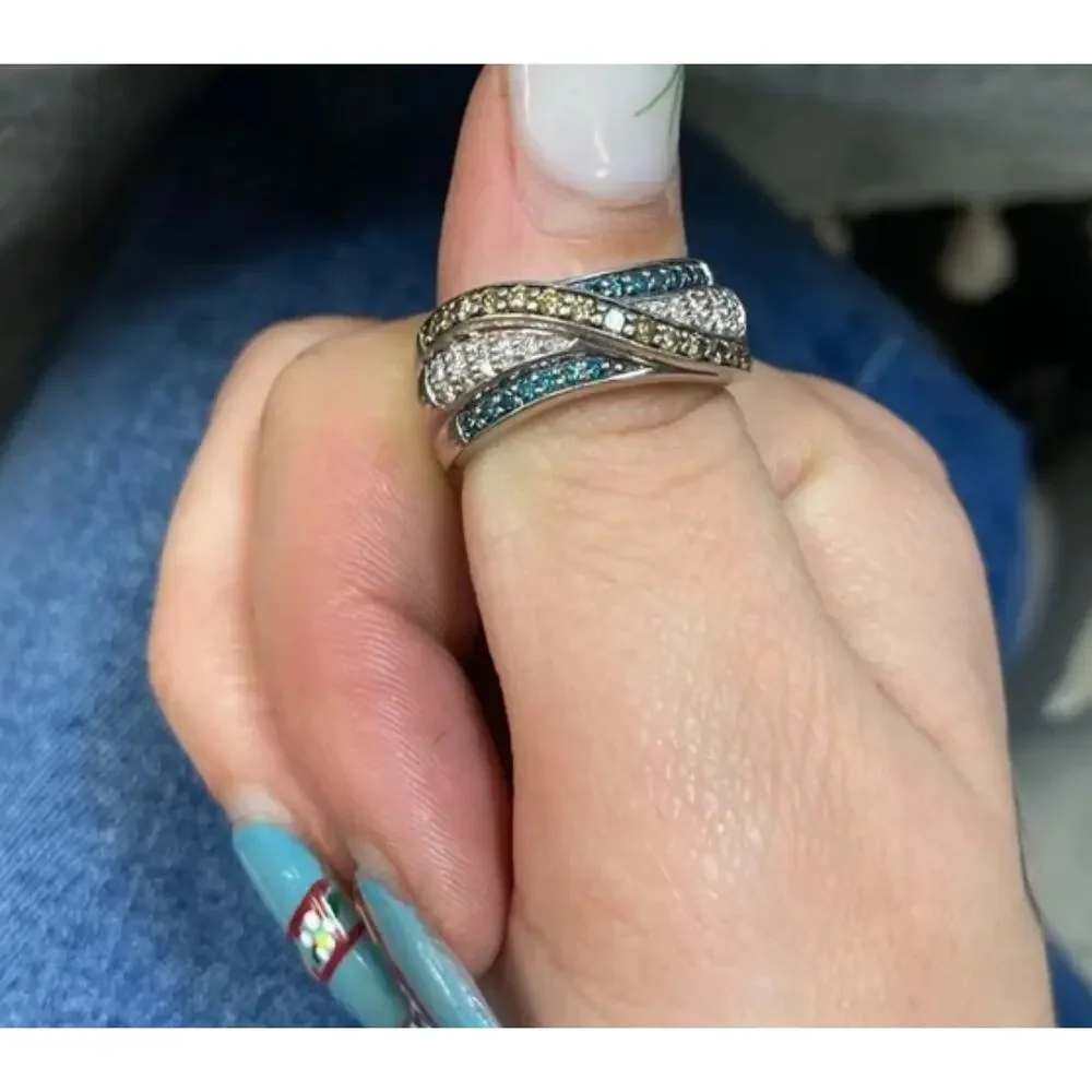 Blue, Champagne and White Diamond 10k White Crossover Gold Ring Approx Size 7.25